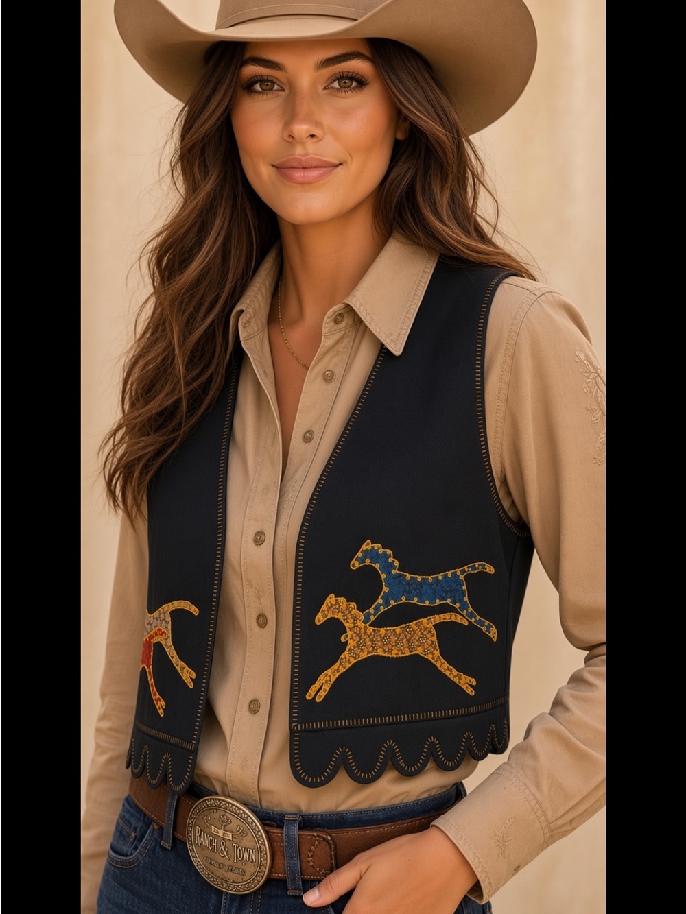 collectible Double D Ranch black Vest Horses wild indian ponies Native American